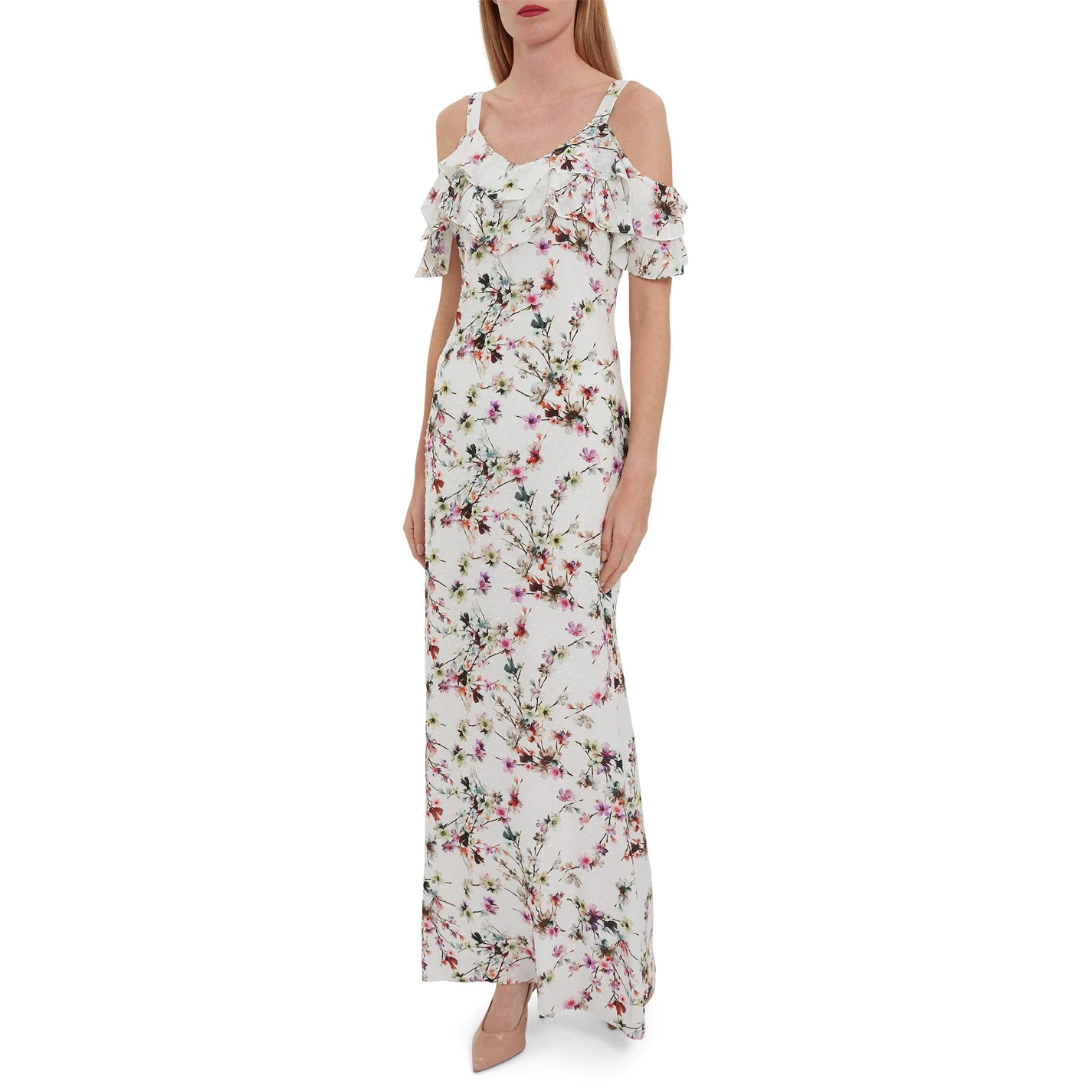 Gina Bacconi Hunter Floral Maxi Dress With Frills 1 Gina Bacconi Hunter Floral Maxi Dress With Frills