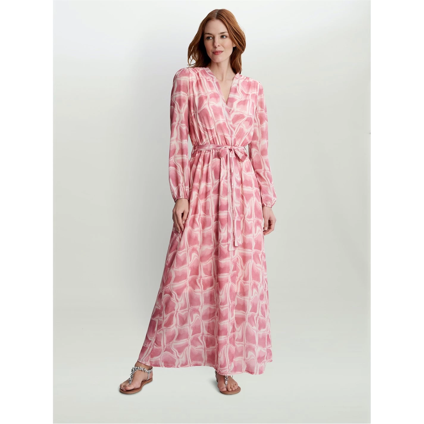 Gina Bacconi QUEENIE PRINT GEORGETTE DRESS WITH LONGSLEEVES & SELF BELT 1 Gina Bacconi QUEENIE PRINT GEORGETTE DRESS WITH LONGSLEEVES & SELF BELT