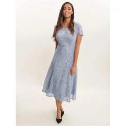 Gina Bacconi Genny Cap Sleeve Midi Sequin Lace Dress