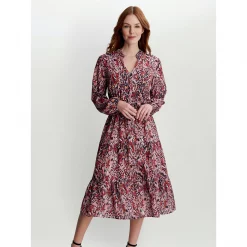 Gina Bacconi Graycin V Neck Button Front Dress With Tiered Skirt